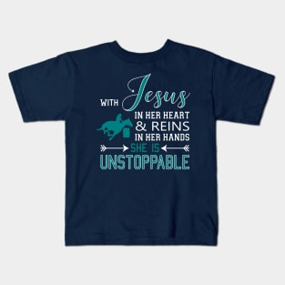 With Jesus In Her Heart & Reins In Her Hands She Is graphic Kids T-Shirt